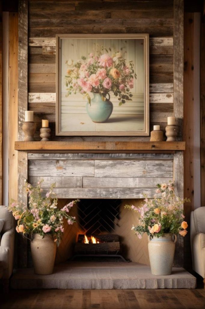 A rustic fireplace with a wooden mantel, a framed floral painting above and two vases of flowers on either side. Lighted fireplace below. Cozy living room ambience.