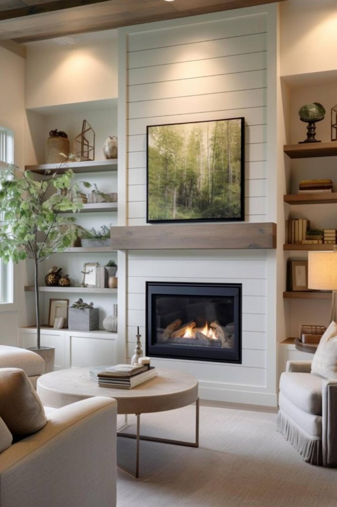 A cozy living room with a modern gas fireplace, a framed nature painting above, built-in shelves with decor, books, potted plants and furniture in neutral colors.