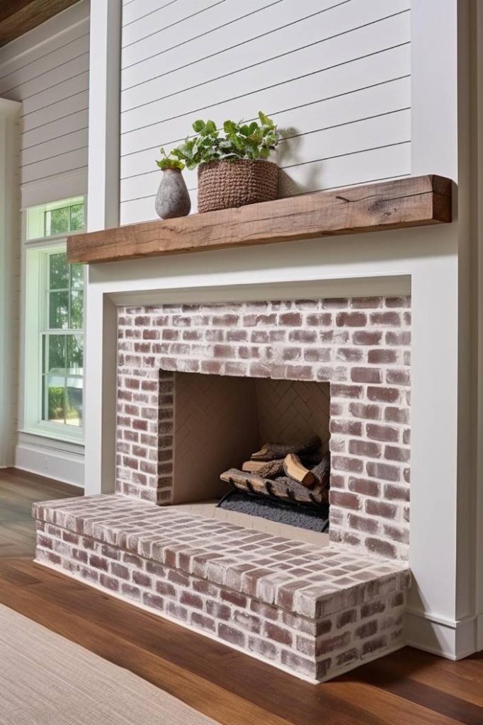 A whitewashed brick fireplace with wood surrounds; On the mantel there is a wicker basket containing a potted plant and a small decorative gray stone. Sunlight streams through a window on the left.