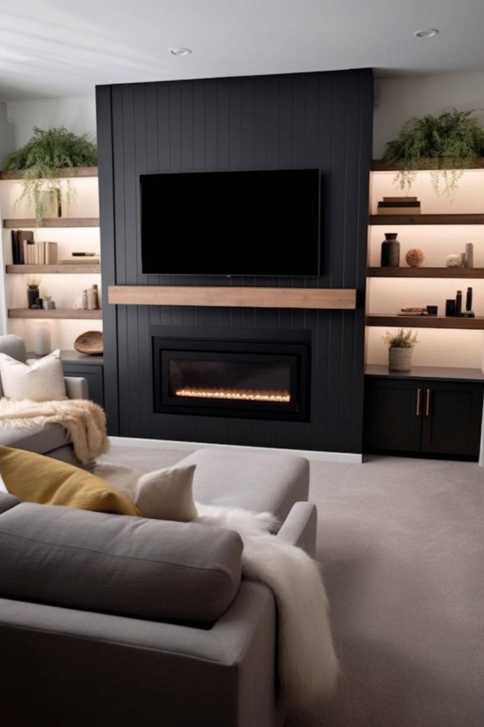 A modern living room with a wall-mounted television above a black fireplace flanked by built-in shelves with books and decorations. In the foreground is a gray sofa set with cushions and a throw.