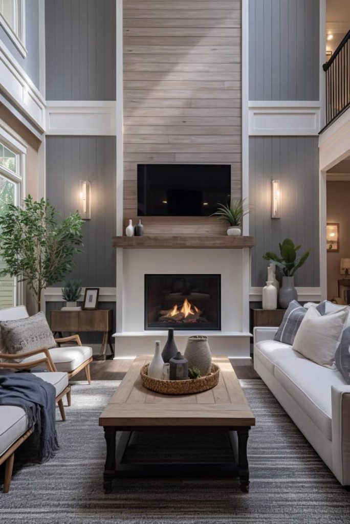 A modern living room with high ceiling, fireplace, wall-mounted TV, sofas, coffee table and various decorative items including plants and vases.