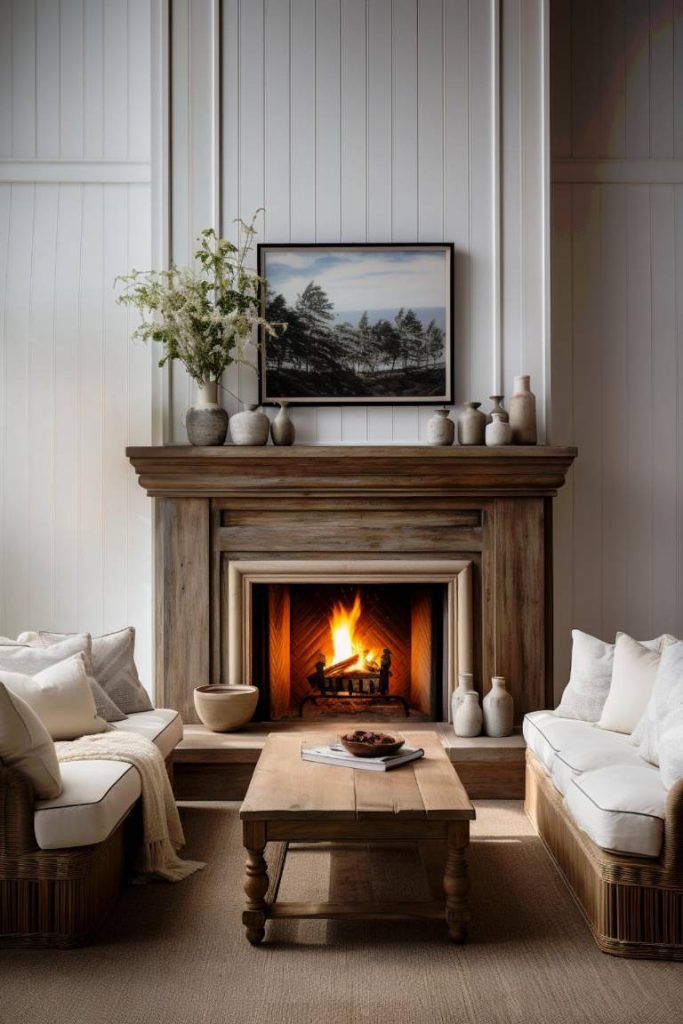 A cozy living room features a lighted fireplace, a wooden coffee table, two white upholstered sofas, and decorations with plants and ceramics on the mantel and table. A work of art hangs above the fireplace.