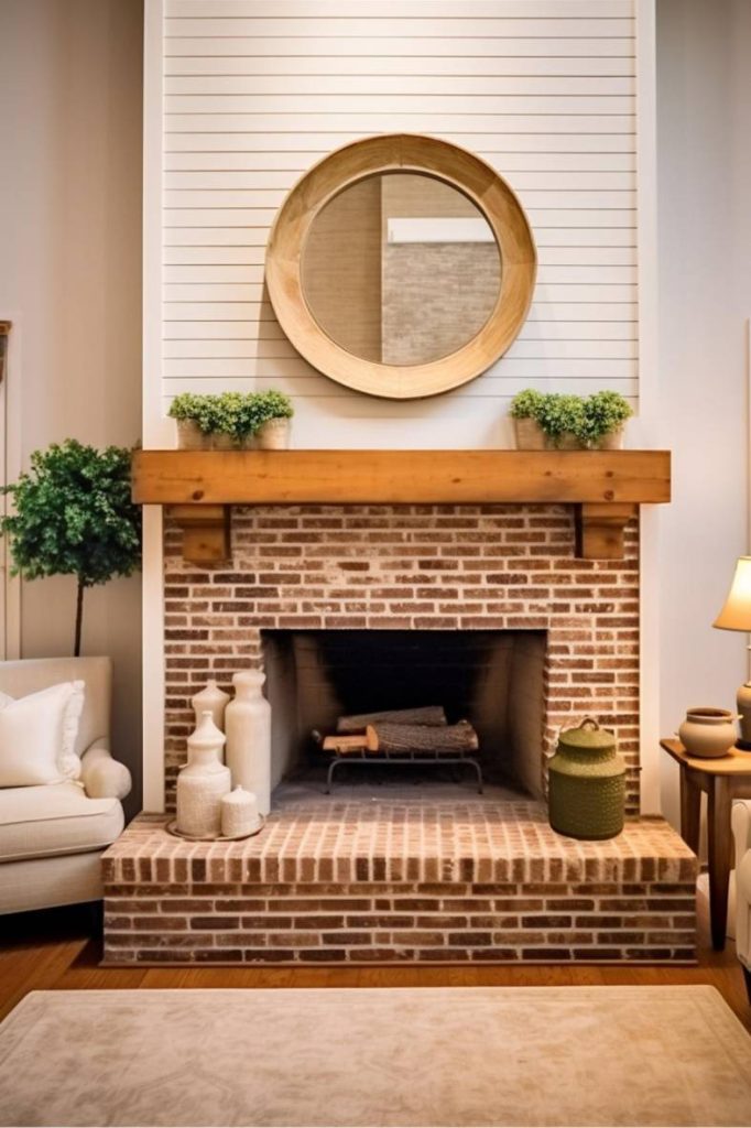 A cozy living room features a red brick fireplace with a wood-burning fireplace, a round mirror above, potted plants, white vases and a white armchair on one side. A soft beige carpet covers the floor.