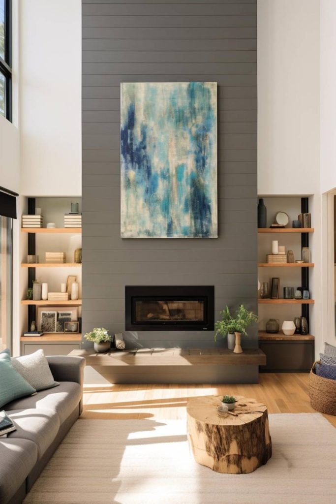 A modern living room with a fireplace, large abstract painting, built-in shelves, a gray couch and a round wooden coffee table on a light carpet. Natural light comes in through the tall windows.