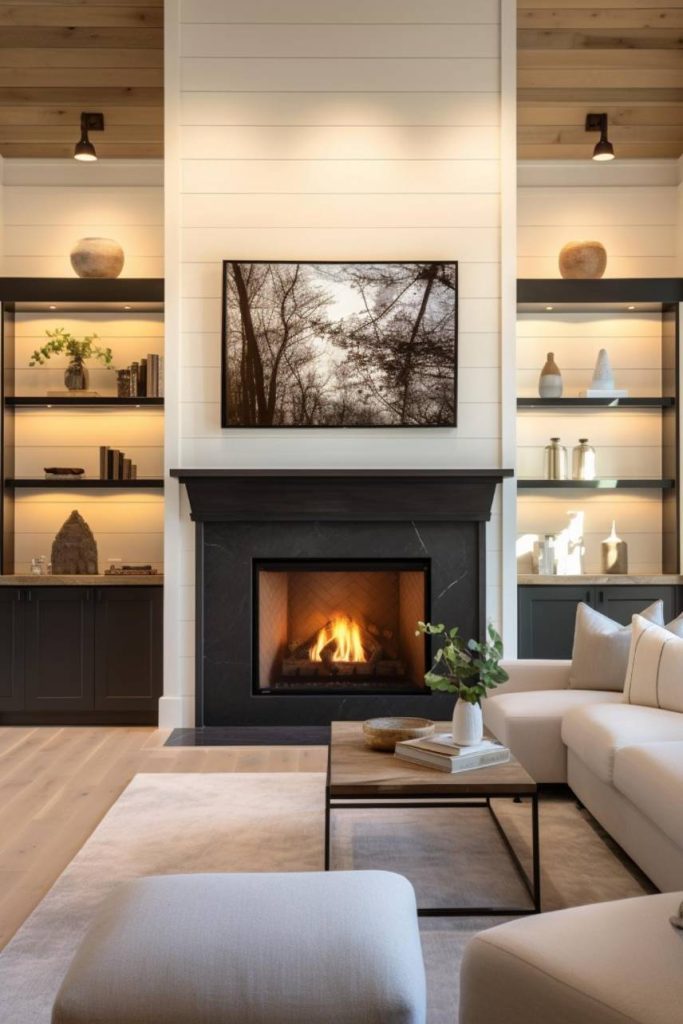 A modern living room features a burning fireplace beneath a wall-mounted television flanked by built-in shelves with decorative items. A white sofa and coffee table complete the cozy and stylish space.