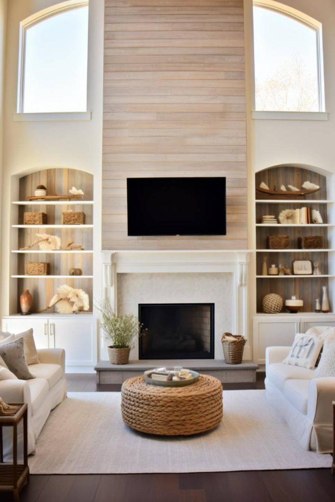 A modern living room features a wall-mounted television above a fireplace surrounded by built-in shelves with decorations. Two white sofas face a wicker coffee table on a light rug, all bathed in natural light.