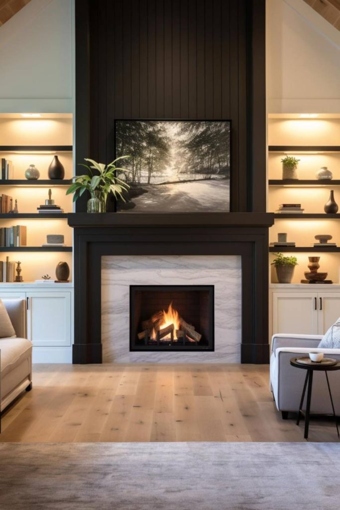 A modern living room features a burning fireplace, a framed nature photo above, built-in shelves with decorative items and two sofas on a wooden floor.