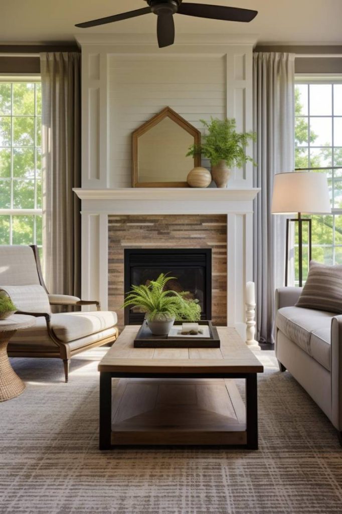 A cozy living room with a fireplace, two armchairs, a sofa, a wooden coffee table with plants and large windows with curtains on each side. There is a mirror and vases on the mantel.