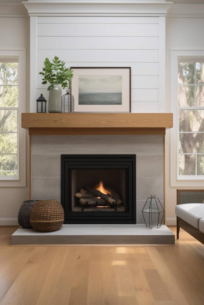 A modern living room with light wood floors features a burning fireplace beneath a wooden mantle adorned with decorative items, flanked by two tall windows and a painting above.