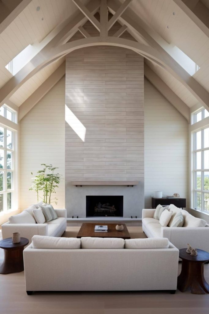 A spacious living room with vaulted ceilings, a tall central fireplace, white sofas arranged around a wooden coffee table, large windows and potted plants.