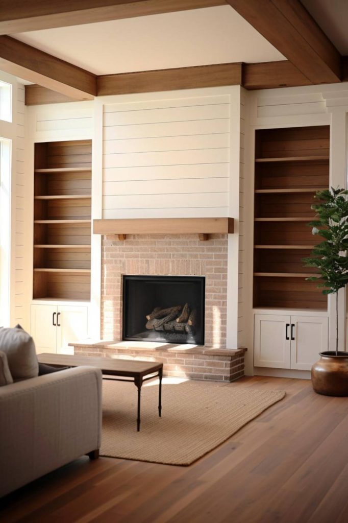 A cozy living room features a brick fireplace with a wood-burning fireplace, built-in bookcases on both sides, a beige couch, a wooden coffee table and a potted plant on hardwood floors.