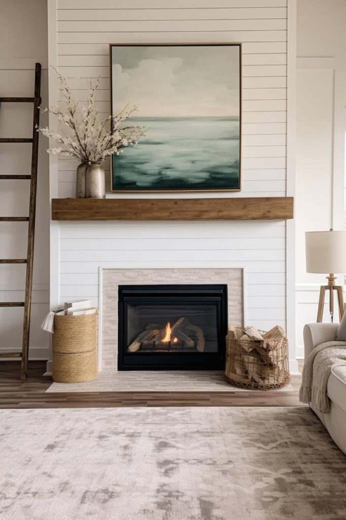 A cozy living room features a lit fireplace with a wood-burning fireplace, decorative items and a seascape painting above. A ladder, a basket and a side table with a lamp are also included.