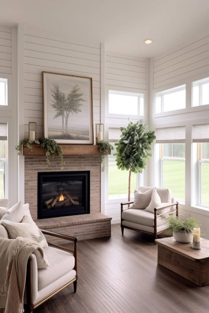 A cozy living room with large windows, a fireplace, armchairs, a potted plant and a coffee table. The space features a neutral color palette with bright natural light.