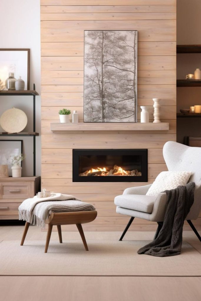 Modern living room with a light wood-paneled wall, a built-in fireplace, a white armchair, a matching ottoman and minimalist decor including a framed tree artwork, shelves and candles.