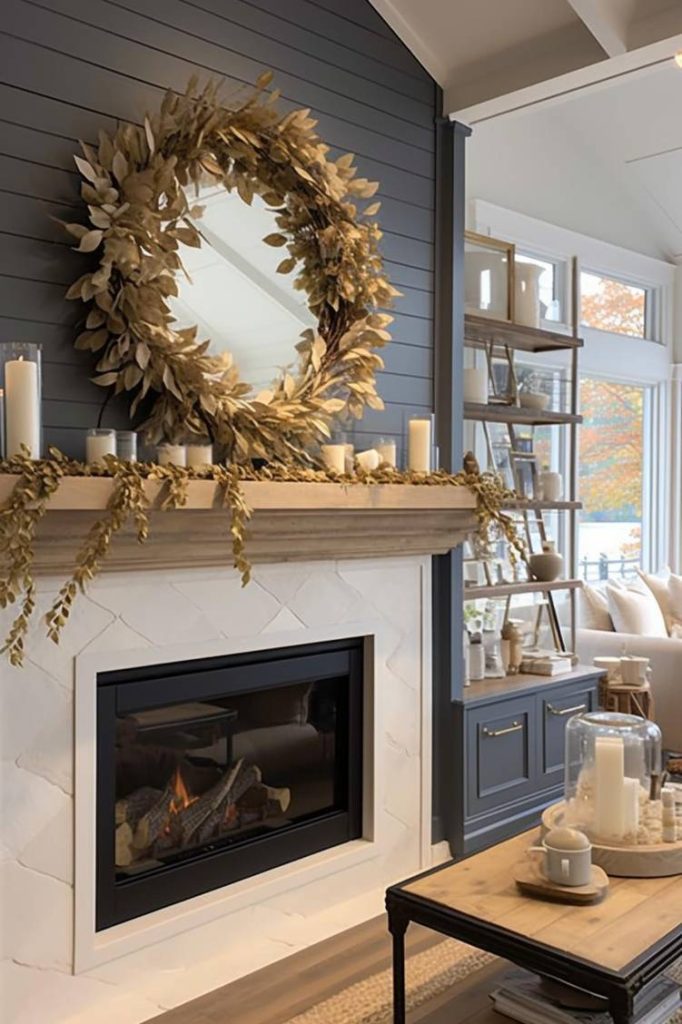 A living room features a fireplace with lit candles, a mirror adorned with a leafy wreath, and shelves full of decor.