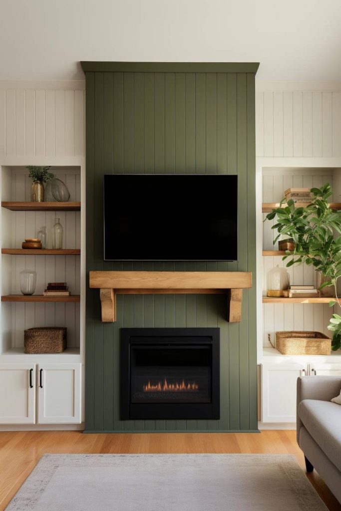 Living room with green accent wall, mounted television, wood burning fireplace and fireplace. There are built-in shelves on both sides with decorative items and a large plant. Light wooden floors and a carpet.