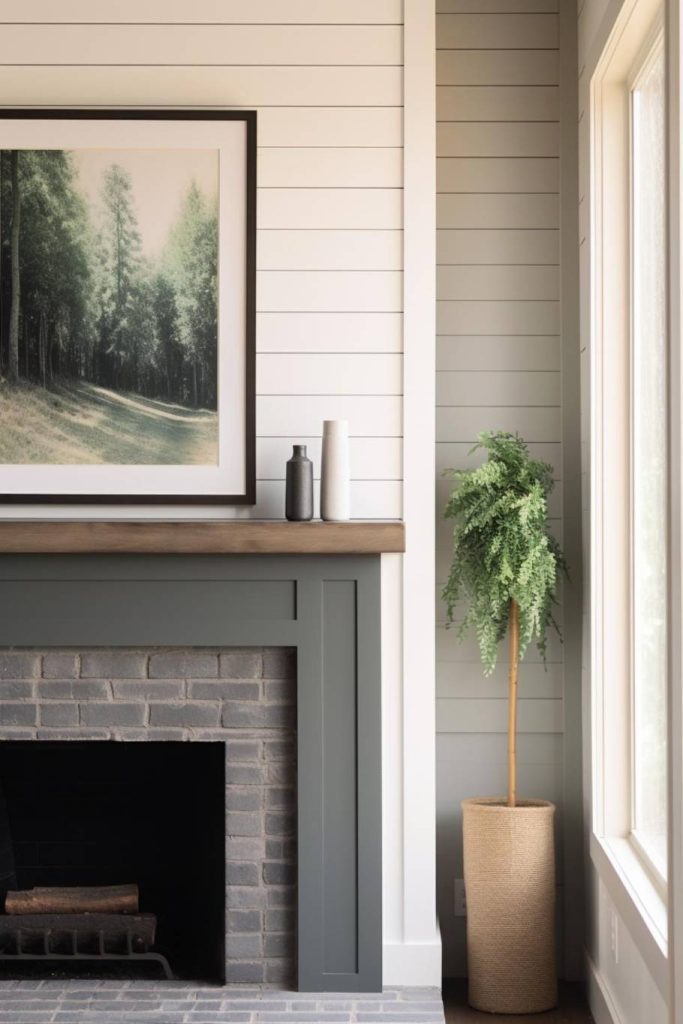 A living room corner with a green fireplace with a wooden mantel, a framed landscape photo above, simple decorative items, a potted plant on the right, white stepped walls and a large window.