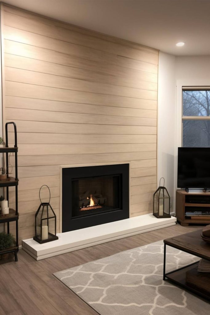 A modern living room features a shiplap accent wall with a built-in fireplace flanked by two lanterns. There's a television on a stand in the corner and a coffee table on a patterned rug.