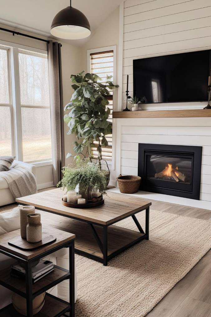 A cozy living room features a lit fireplace, a TV above, a large plant in the corner, and a wooden coffee table with potted plants set on a textured rug next to large windows.