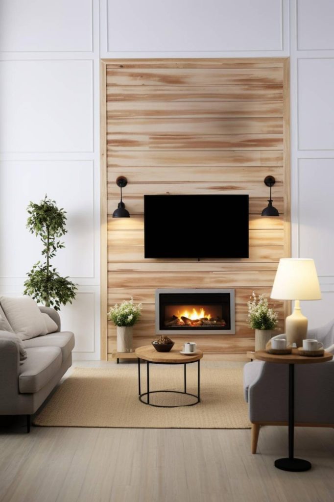 Modern living room with beige sofa, wooden coffee table, fireplace under a wall-mounted TV, potted plants, wall lights and a floor lamp. Light wood paneling on the wall.