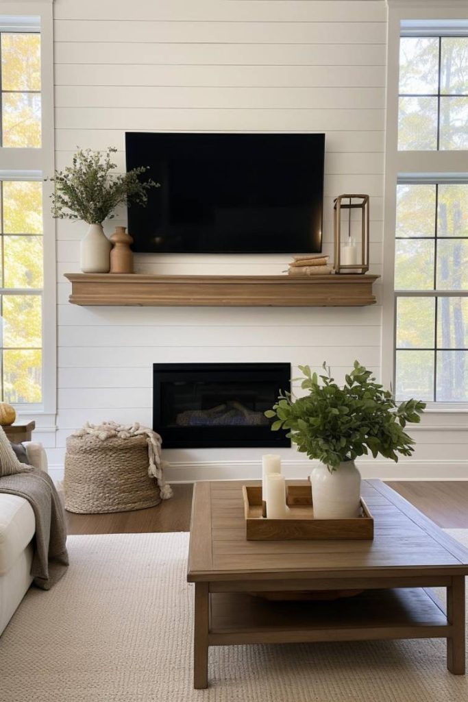 A living room with a wall-mounted television above a fireplace flanked by tall windows. A wooden coffee table with candles and a plant stands on a beige carpet.