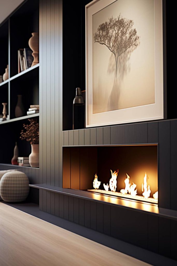 Modern fireplace with a framed tree artwork above. On the left side there are shelves with decorative objects, next to them there is a stool on the floor. The room features a minimalist and modern design.