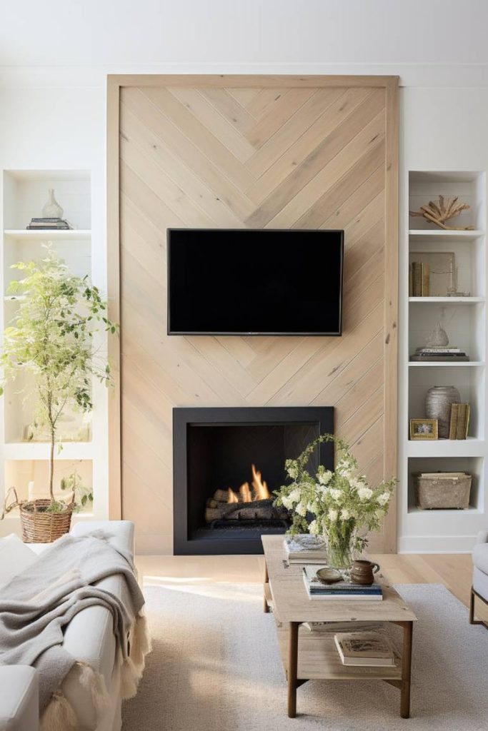 A living room with a fireplace, a TV mounted above it, wooden wall paneling, a coffee table and shelves on either side. There is also a comfortable couch in neutral tones and plants.