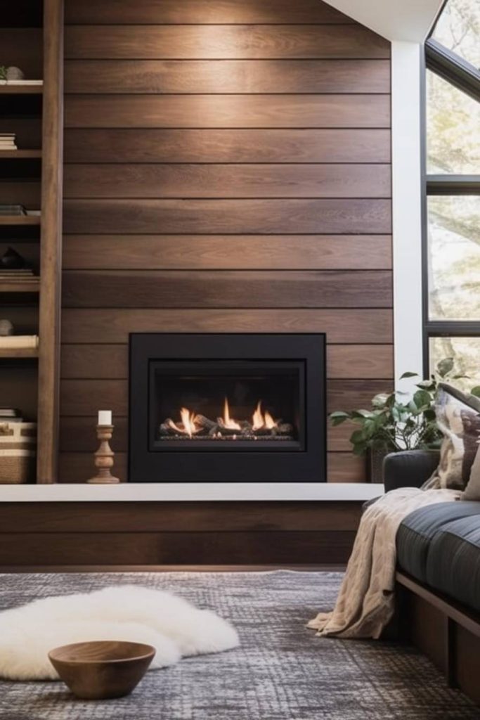 A modern living room features a burning fireplace with wood paneling, a cozy sofa, a small plant, a candle and a wooden bowl.