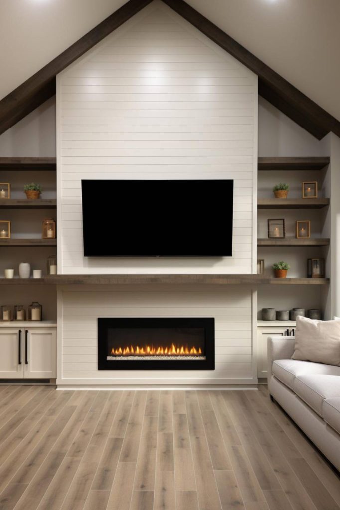 A modern living room features a large flat-screen television mounted above a sleek, built-in electric fireplace, flanked by built-in shelves and cabinets filled with decorative items.