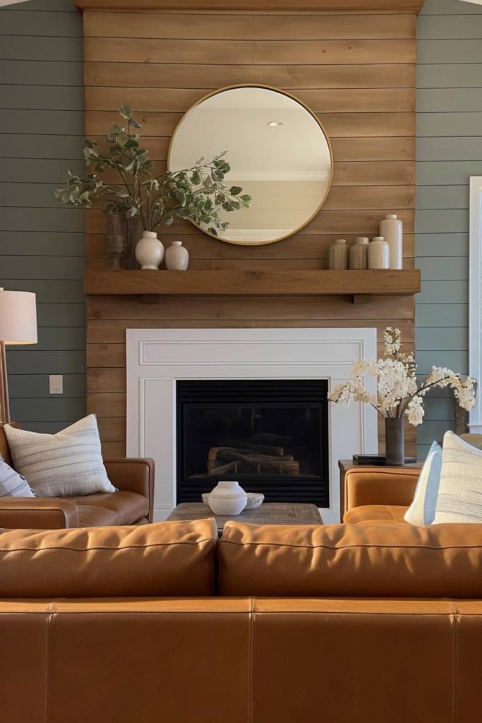 A cozy living room features a wooden mantel decorated with vases and a round mirror. Two brown leather sofas face each other and are grouped around a coffee table with decorative items.