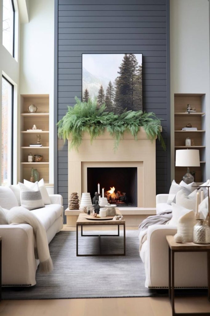 Modern living room with a fireplace framed by a dark ceiling, two white sofas, a gray carpet and natural wood shelves. A piece of landscape art and greenery decorate the mantel and a fire burns in the fireplace.