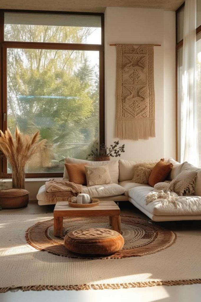 A cozy living room with a large window, a sofa set in neutral tones, a wooden coffee table, a macrame wall hanging, pampas grass and a woven rug. Sunlight penetrates through transparent curtains.