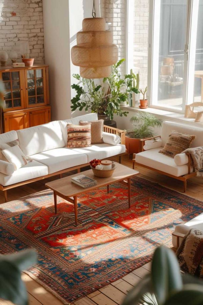 A cozy living room with white sofas, a wooden coffee table, a large colorful rug, a wicker hanging lamp and numerous houseplants near large windows.