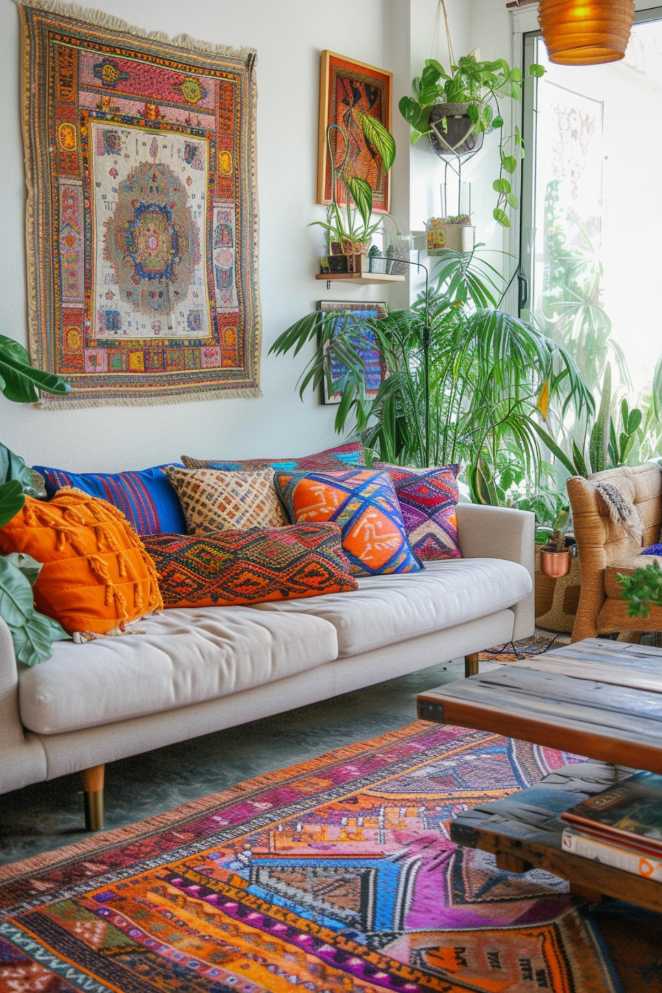 A brightly decorated living room with a beige sofa decorated with colorful cushions, colorful patterned rugs, numerous plants and a tapestry hanging on the wall.