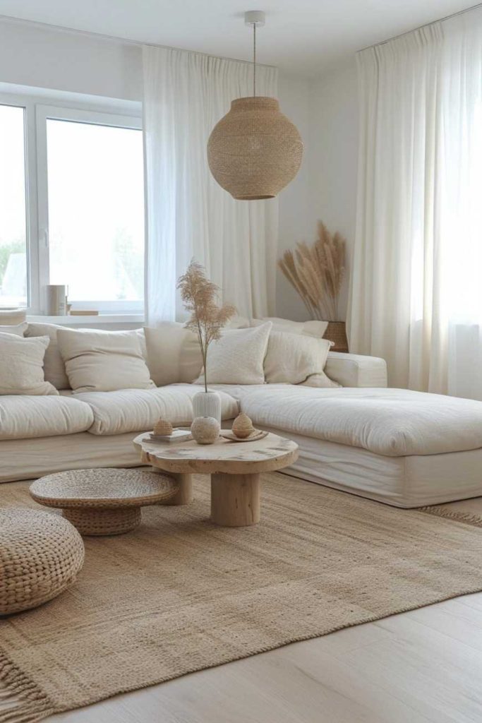 A minimalist living room with a white sofa set, a rattan coffee table, stools and a woven pendant lamp. Neutral tones and natural textures dominate the furnishings and the large windows let in natural light.