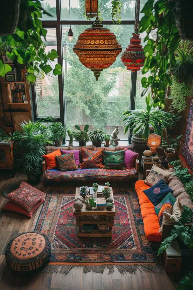 A bohemian-style living room with colorful cushions, patterned rugs and lots of green plants. Large windows let in natural light and eclectic hanging lamps add to the atmosphere.