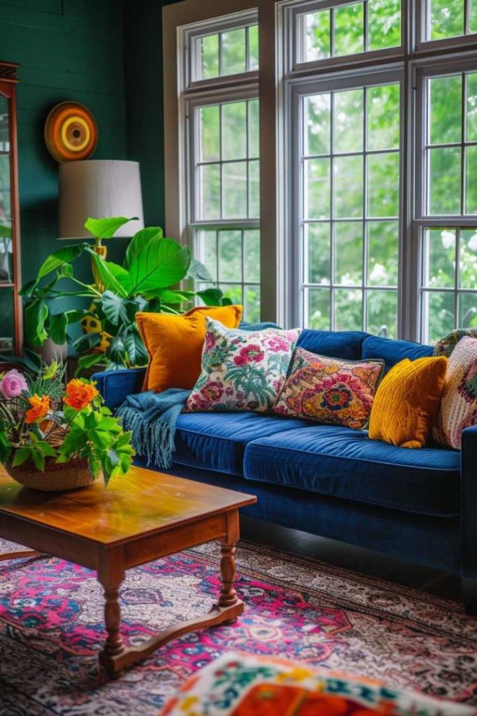 A cozy living room features a blue velvet sofa with colorful pillows, a wooden coffee table with a floral arrangement, large windows and various houseplants.