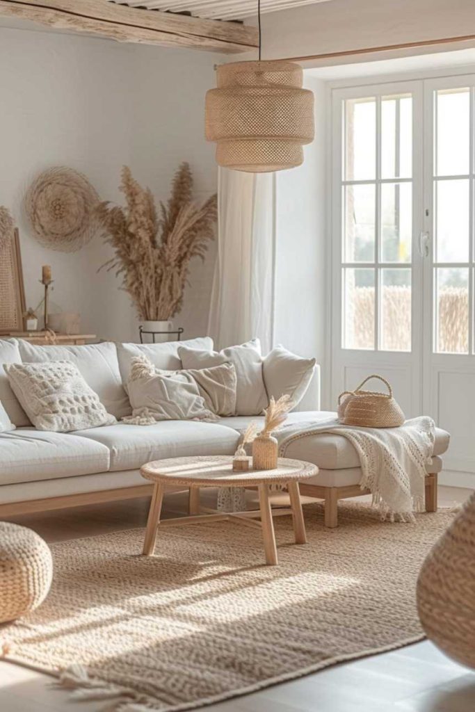 A cozy living room in neutral tones features a white sofa with pillows, a wooden coffee table, a wicker pendant lamp, and a large window that lets in natural light.