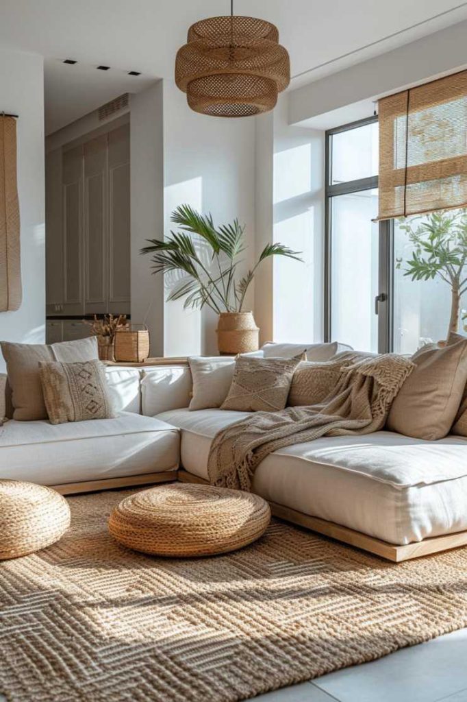 A sun-filled living room with a white sectional sofa, beige and textured cushions, woven decor, large windows and houseplants.