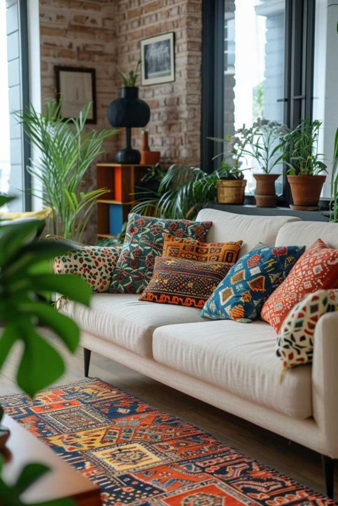 A living room with a white couch decorated with patterned pillows, a colorful rug, potted plants, a brick wall and large windows.