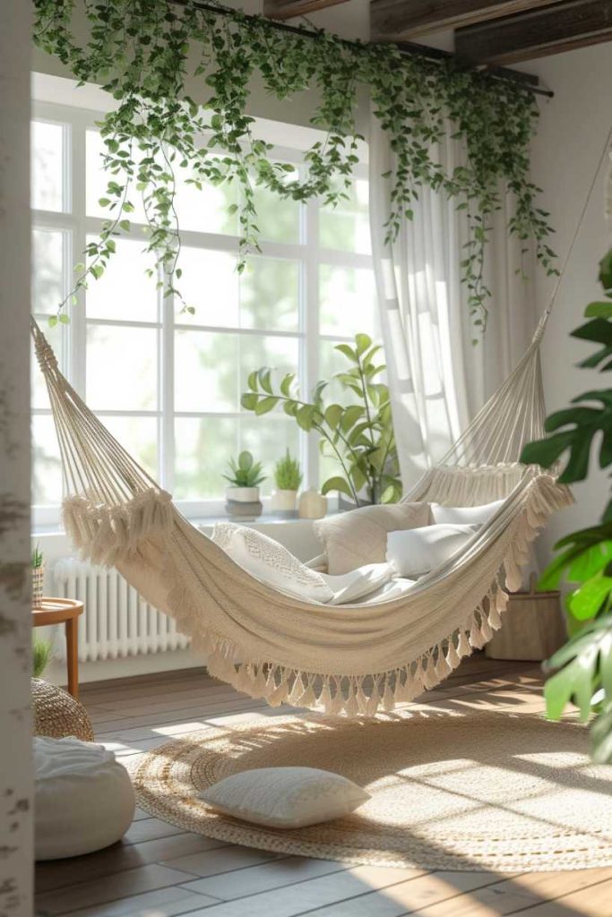 A beige hammock hangs in a sunlit room with large windows, surrounded by potted plants and greenery. Cushions and a rug add coziness to the wooden floor.