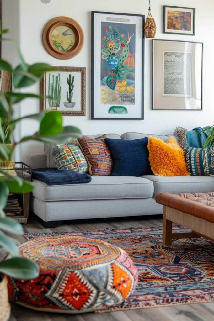 A living room with a gray sofa set adorned with colorful pillows, a patterned rug, a round stool and a wall decorated with various framed artwork.