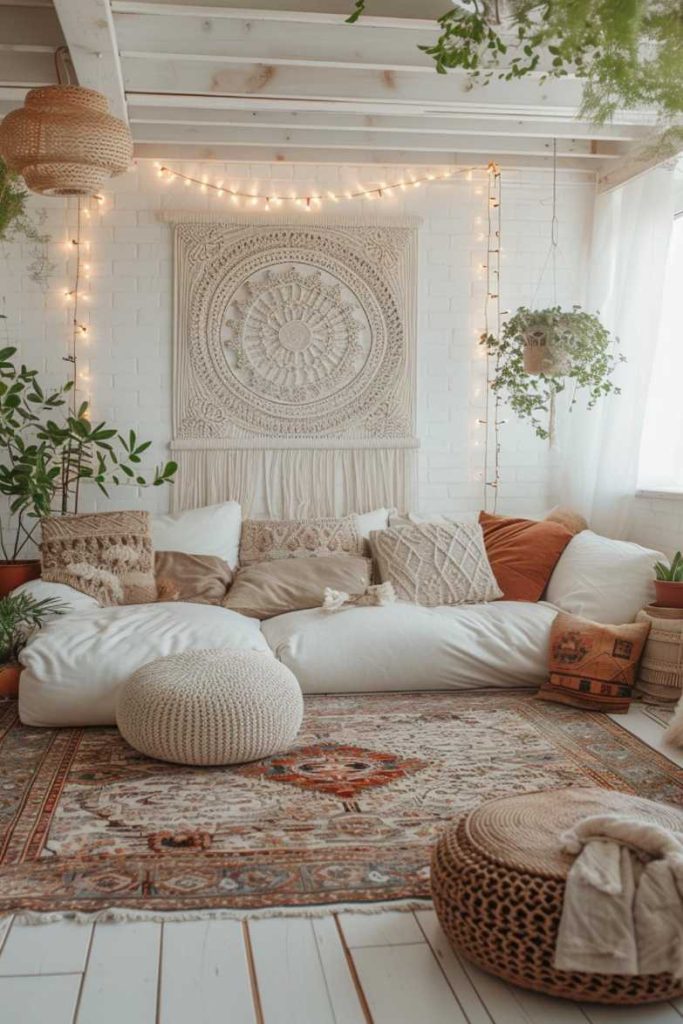 A cozy living room with upholstered seating, macrame wall decorations, fairy lights, houseplants and a patterned rug on white hardwood floors. Natural light comes through a window on the right.