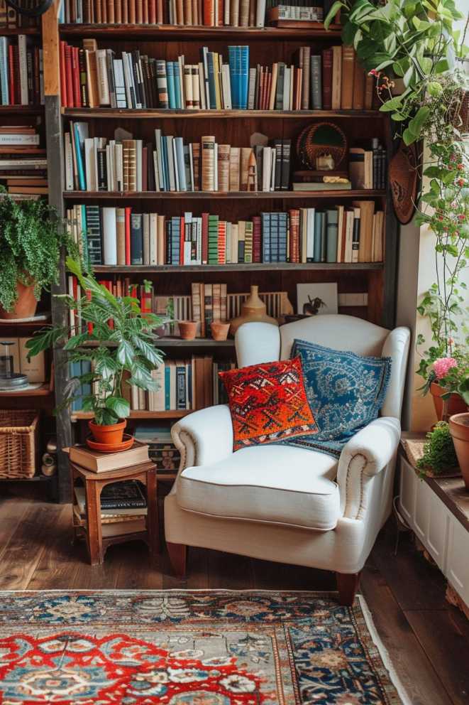 A cozy reading corner with a white armchair, colorful cushions, a side table, potted plants and a bookshelf full of books.