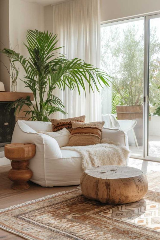 A cozy white armchair with beige and brown cushions stands near a large window, next to a wooden side table and a round coffee table, with a tall green plant in the background.