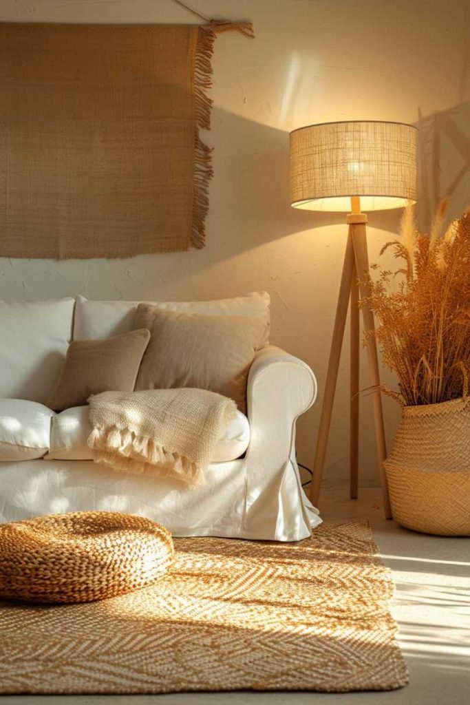 A cozy living room with a white sofa, beige pillows, a fringe throw, a wooden floor lamp, a woven basket with dried plants and a round woven stool on a patterned rug.