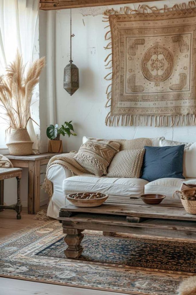 A cozy living room with a white sofa, various beige and blue pillows, a rustic wooden coffee table and a tapestry. There is a small table by the window with a woven basket and plants.