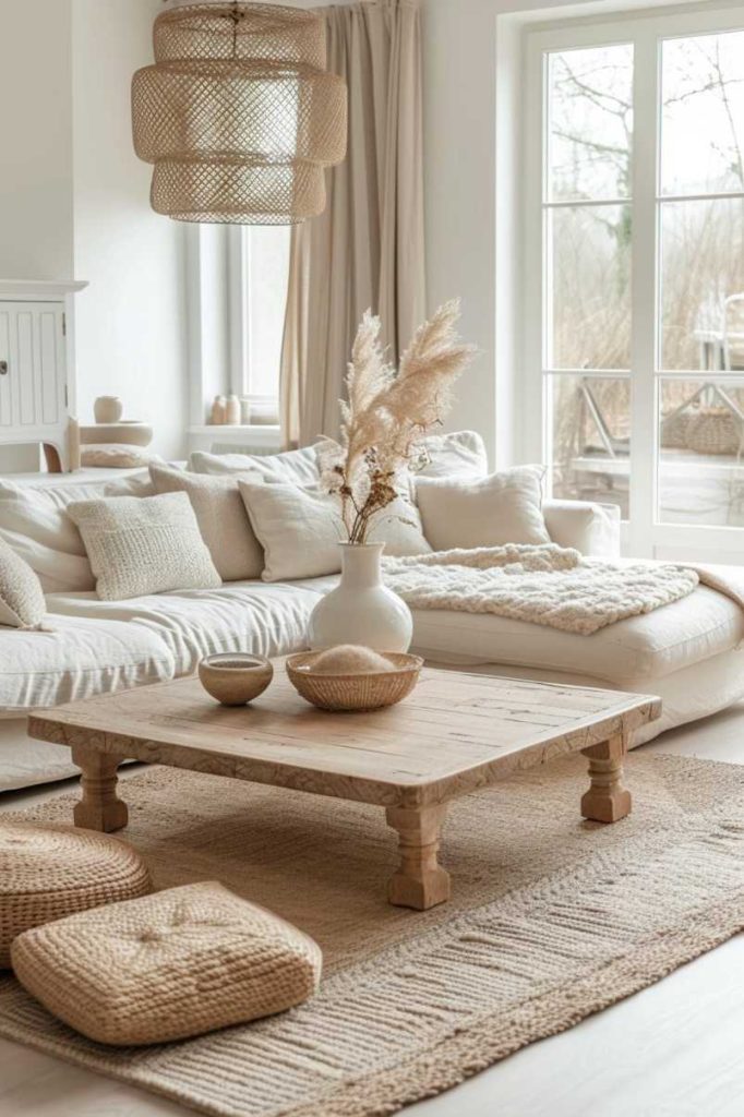 A cozy living room features a beige sofa set with plenty of pillows, a wooden coffee table with a vase of dried grasses, wicker decor and two floor pillows on a textured rug under large windows.