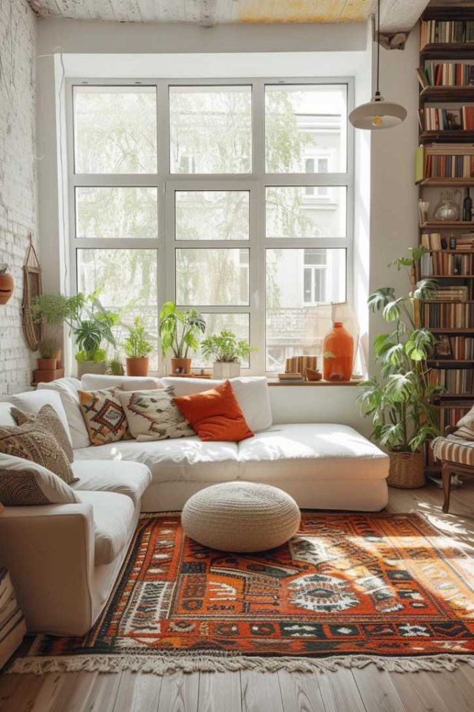 A sunlit living room with large windows, a white sofa set, a patterned orange rug, houseplants, a bookshelf and a round stool.