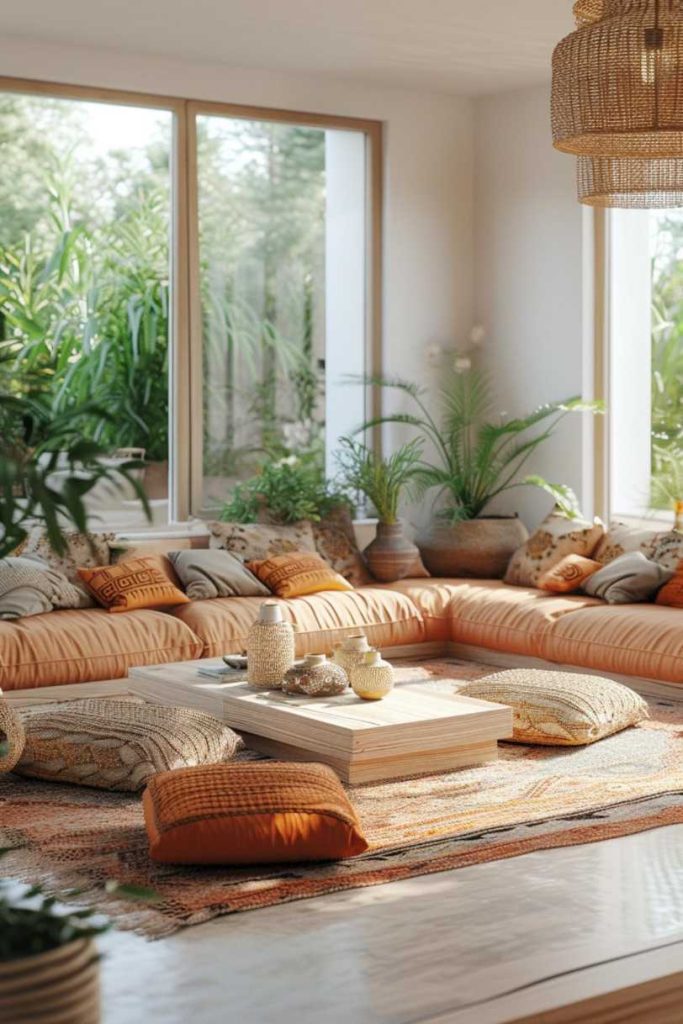 A sunlit living room with a large sectional sofa, orange cushions, houseplants and a wooden coffee table. Large windows let in natural light, highlighting the earth tones and cozy furnishings.